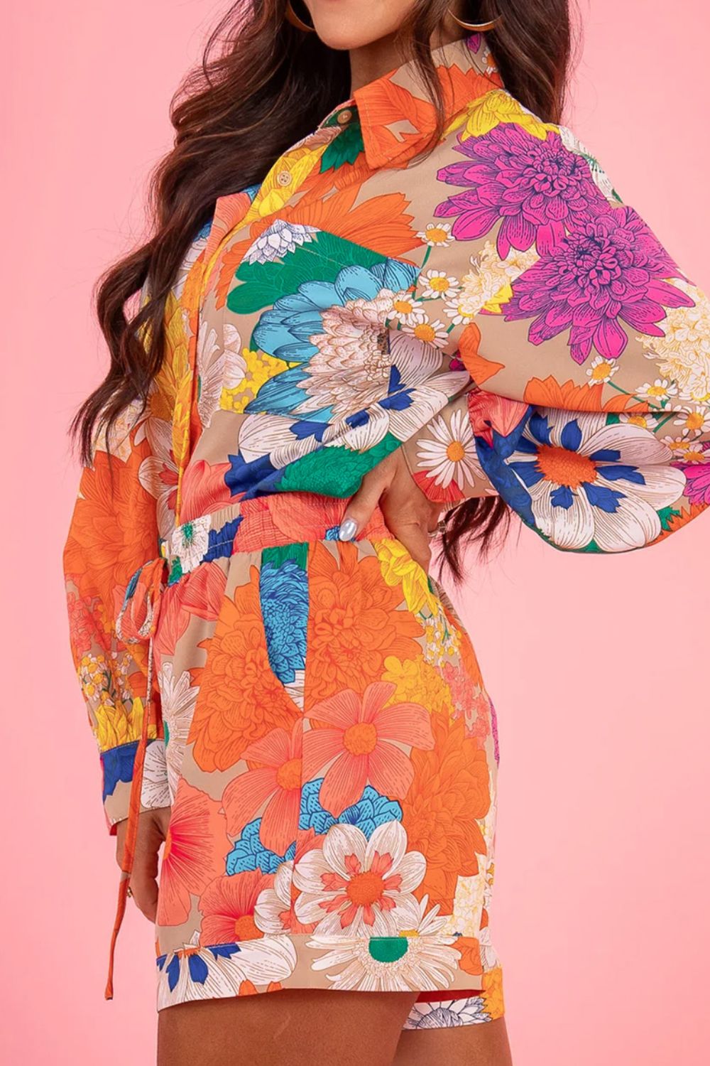 Printed Button Up Long Sleeve Top and Shorts Set - Plume & Peak