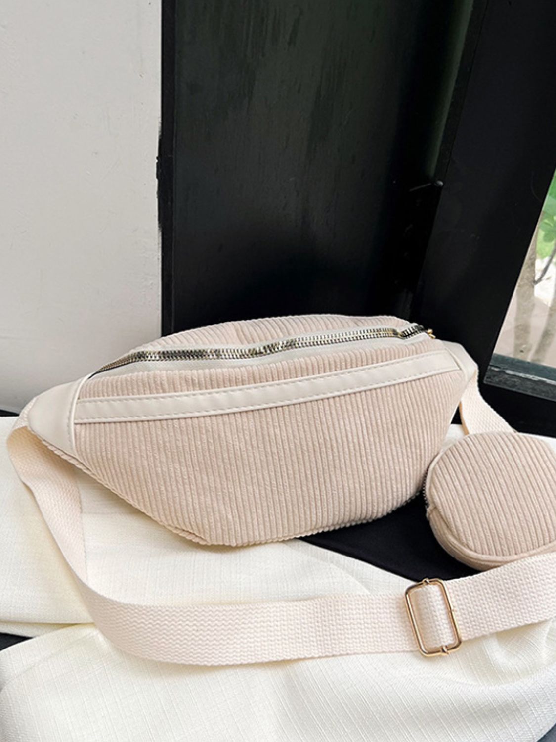 Corduroy Adjustable Strap Crossbody Bag with Pouch - Plume & Peak