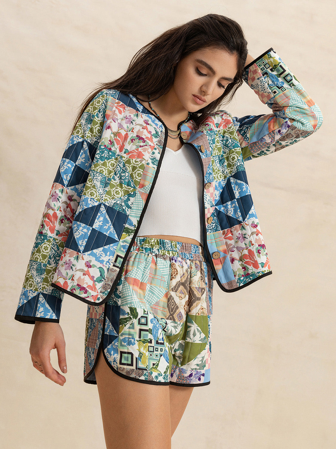Printed Button Up Long Sleeve Outerwear and Shorts Set - Plume & Peak