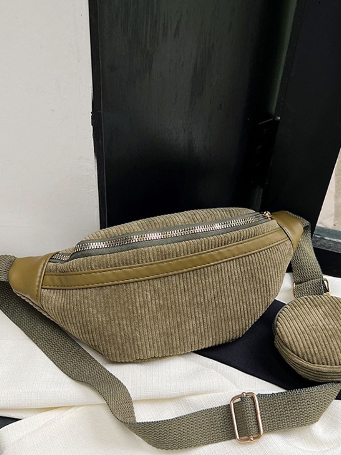 Corduroy Adjustable Strap Crossbody Bag with Pouch - Plume & Peak