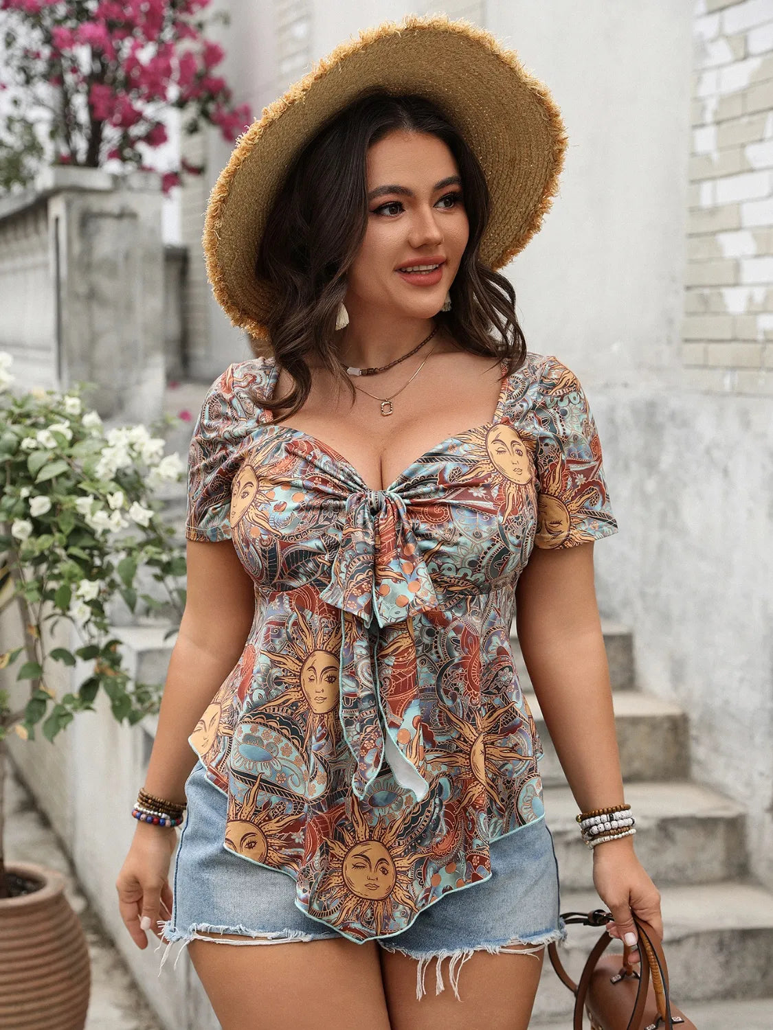 Plus Size Printed Sweetheart Neck Short Sleeve Blouse - Plume & Peak