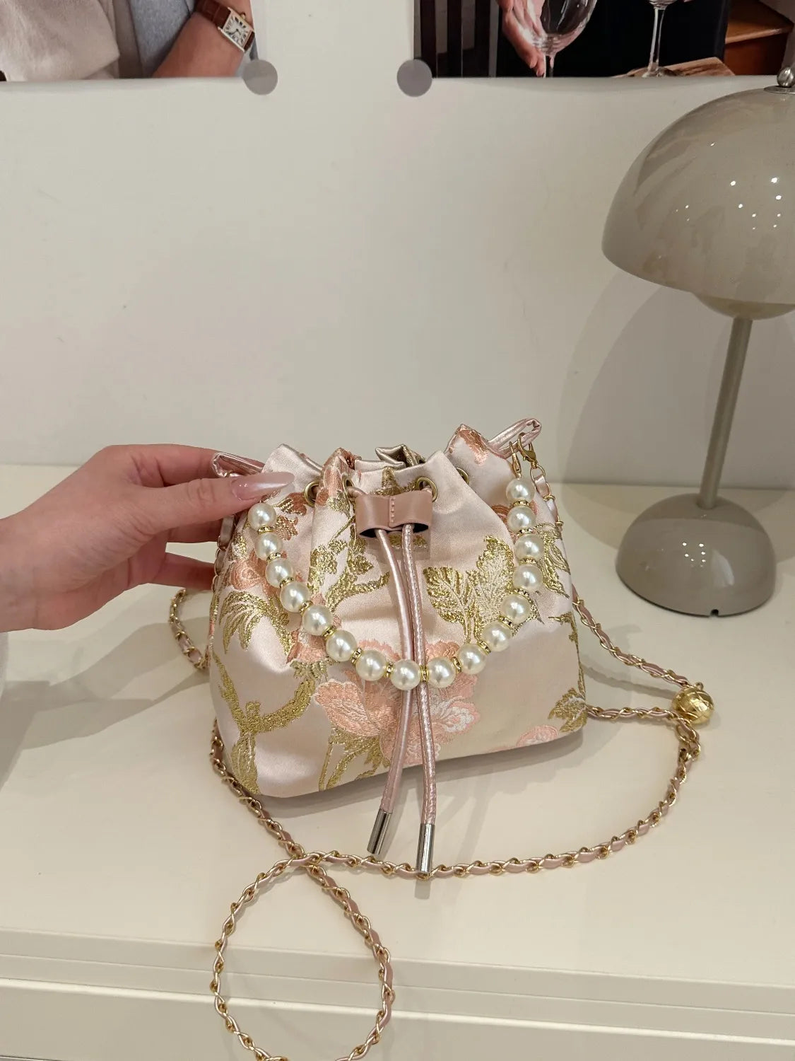 Drawstring Pearl Bucket Bag - Plume & Peak