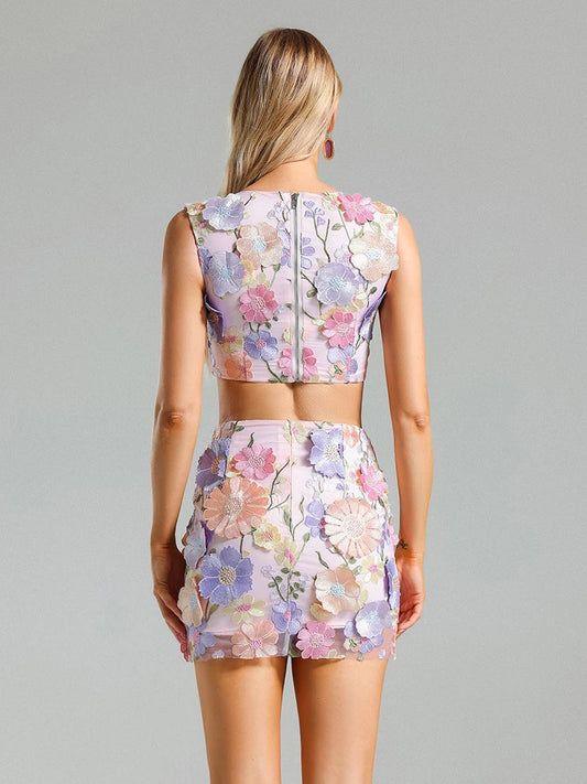 Floral 3D Appliqué Crop Top and High-Waisted Skirt Set - Plume & Peak