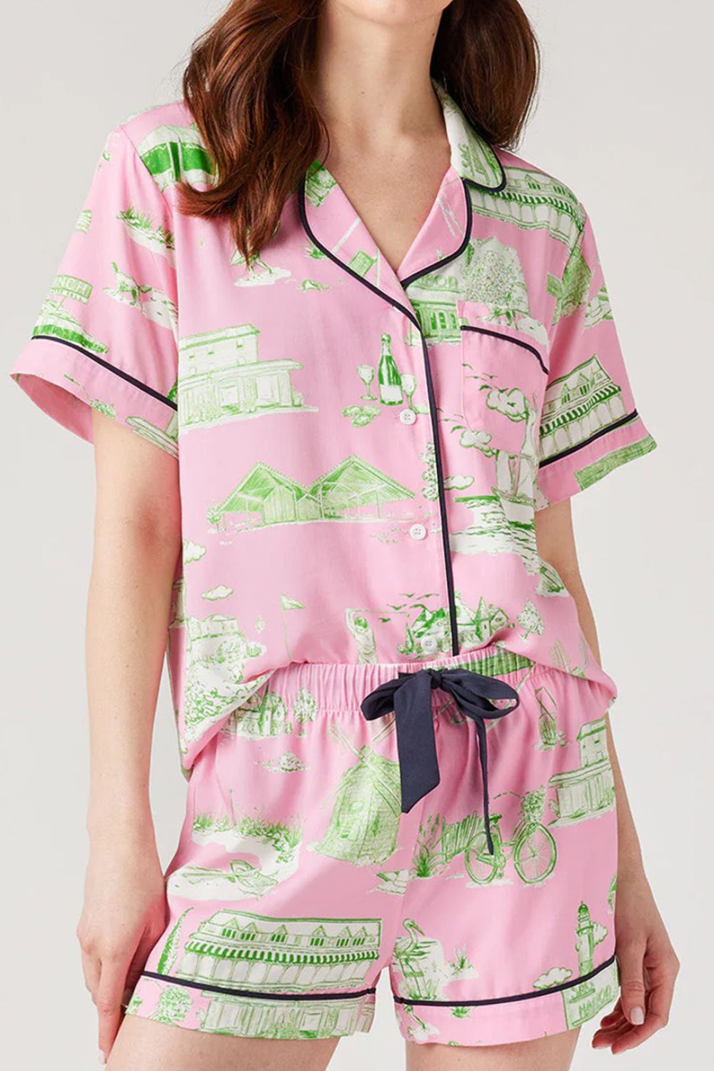 Collared Pink Printed Lounge Set with Drawstring Shorts | Dreamwear by Plume & Peak - Plume & Peak