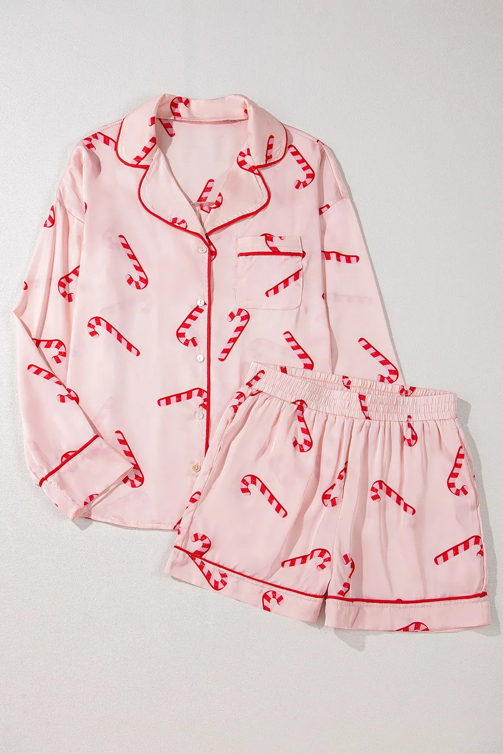 Candy Cane Collared Neck Long Sleeve Top and Shorts Lounge Set Pajama Set - Plume & Peak