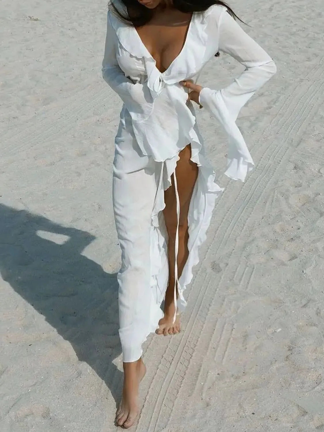 Ruffled Long Sleeve Cover-Up Dress - Plume & Peak