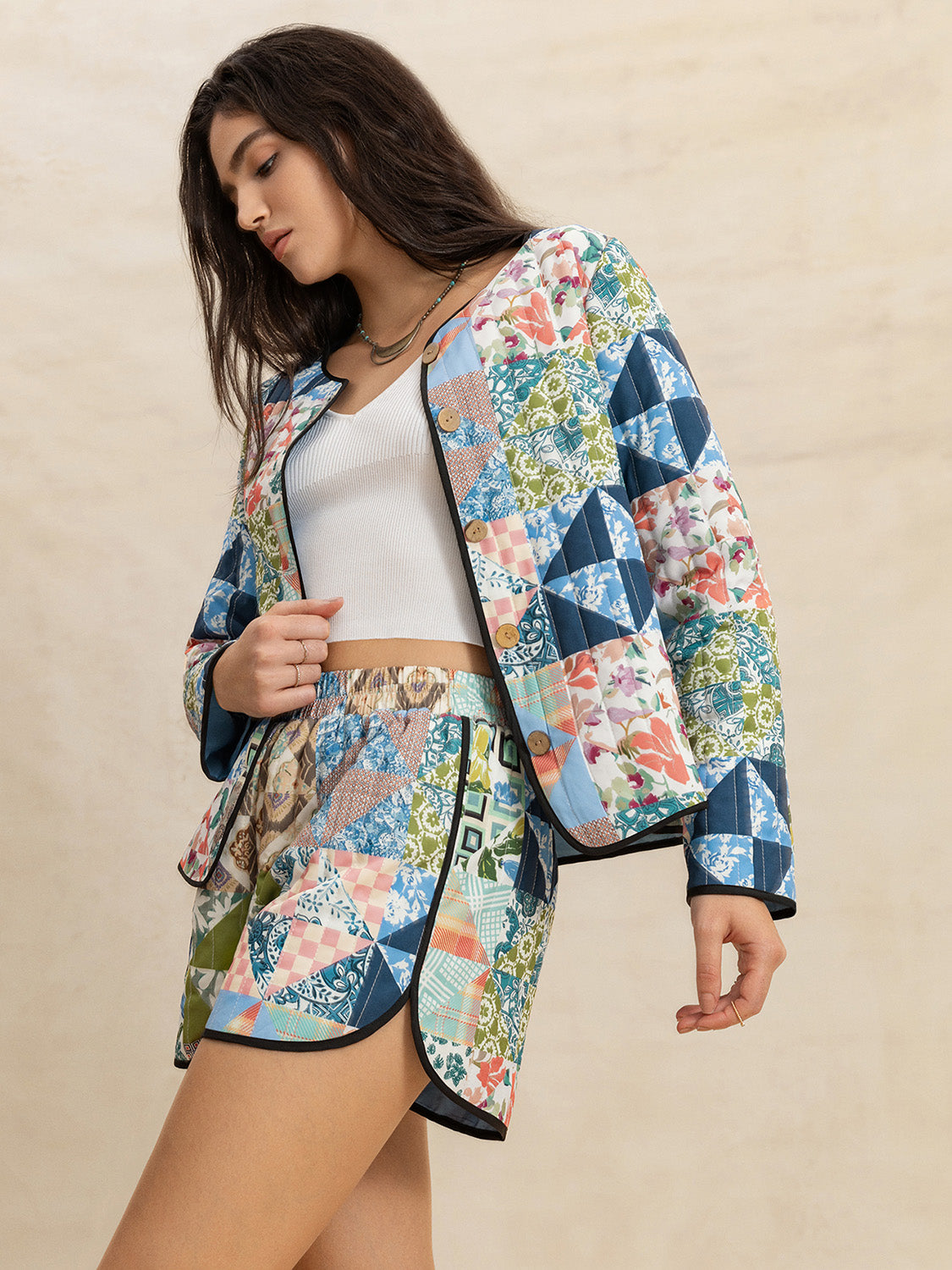 Printed Button Up Long Sleeve Outerwear and Shorts Set - Plume & Peak