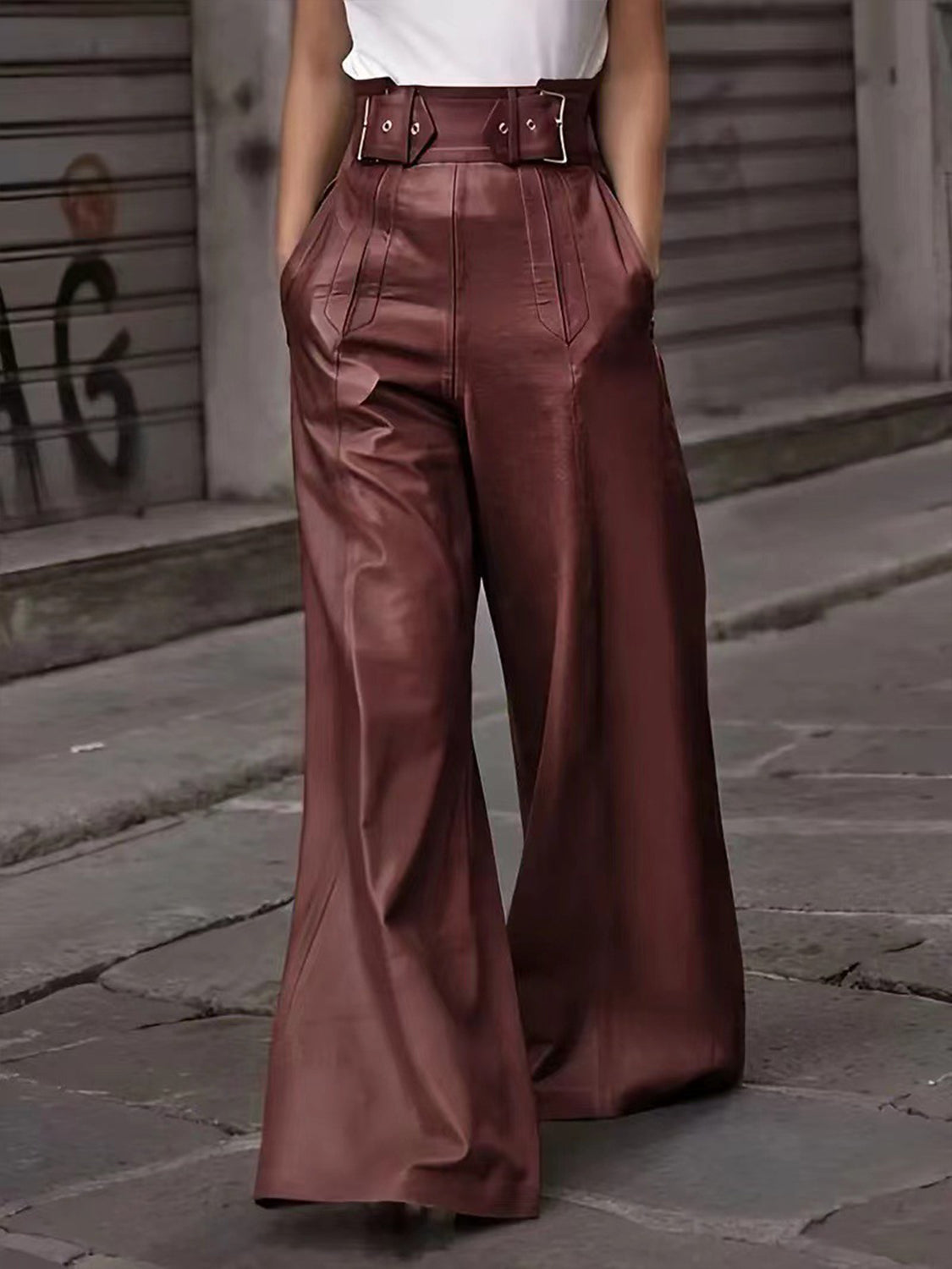 Half Elastic Waist Wide Leg Pants - Plume & Peak