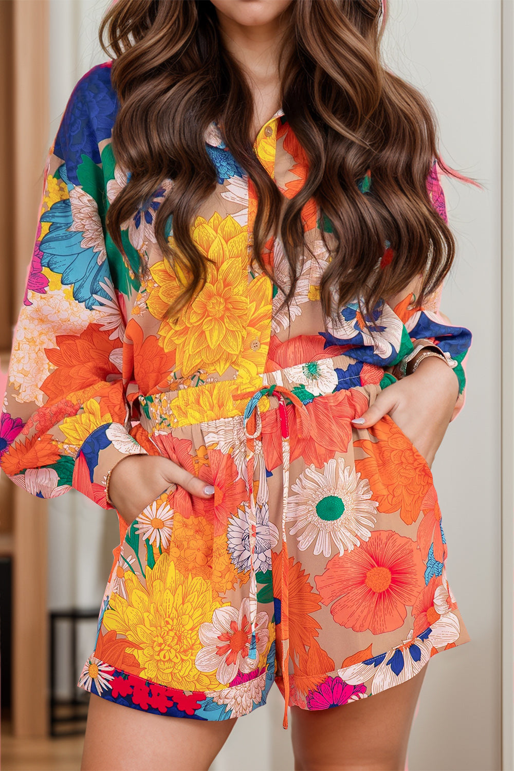 Printed Button Up Long Sleeve Top and Shorts Set - Plume & Peak