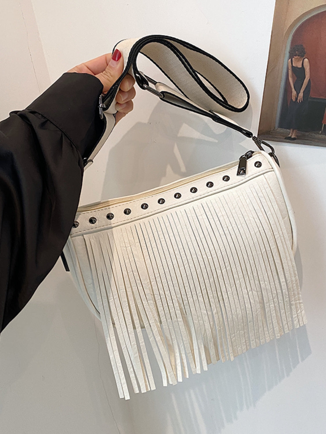 PU Leather Fringe Studded Crossbody Bag - Plume & Peak