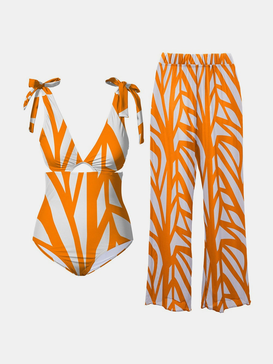 Sunkissed Stripes Two-Piece Swim Set – Tie Shoulder Bikini & Flowy Pants - Plume & Peak