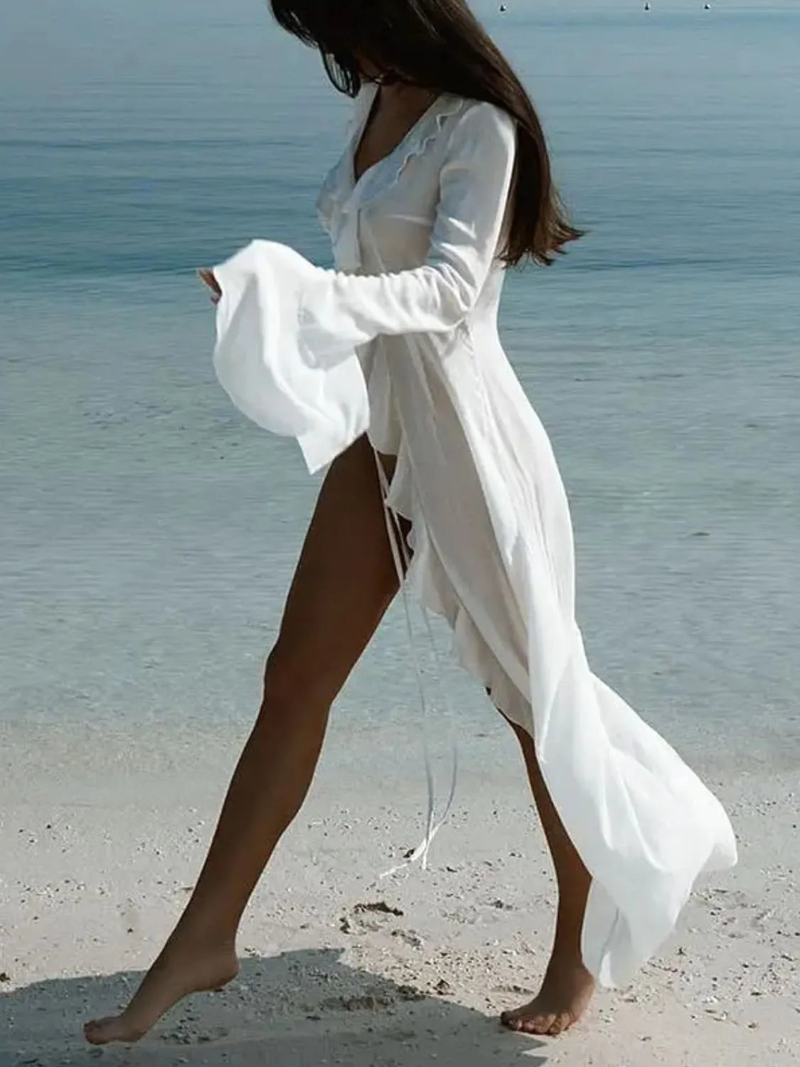 Ruffled Long Sleeve Cover-Up Dress - Plume & Peak