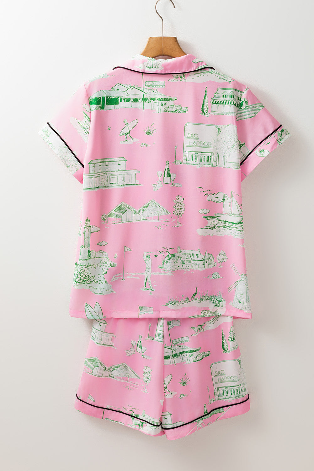Collared Pink Printed Lounge Set with Drawstring Shorts | Dreamwear by Plume & Peak - Plume & Peak
