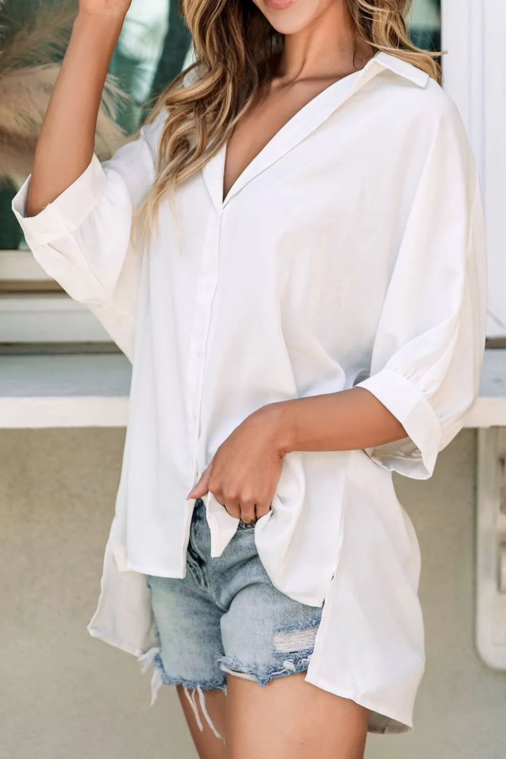 Collared Neck Three-Quarter Sleeve Shirt - Plume & Peak