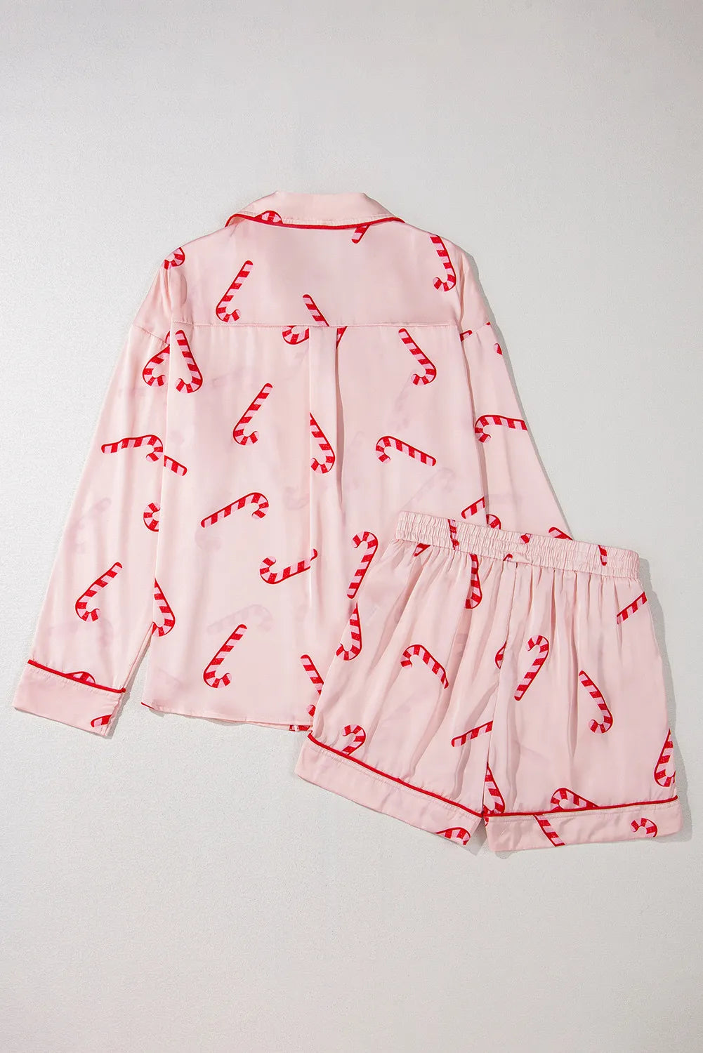 Candy Cane Collared Neck Long Sleeve Top and Shorts Lounge Set Pajama Set - Plume & Peak