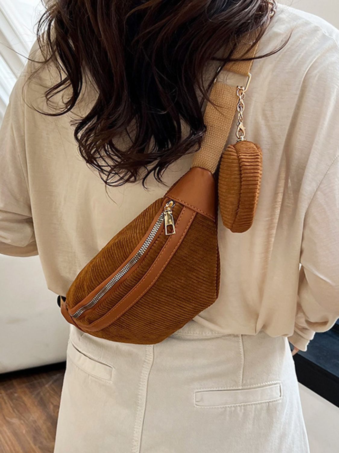 Corduroy Adjustable Strap Crossbody Bag with Pouch - Plume & Peak