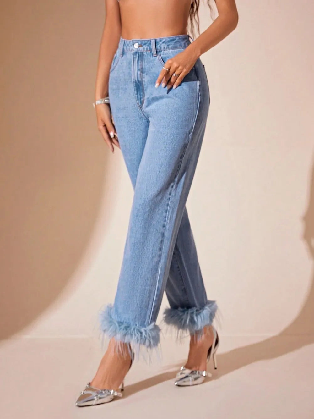 Plush Hem High Rise Straight Jeans - Plume & Peak