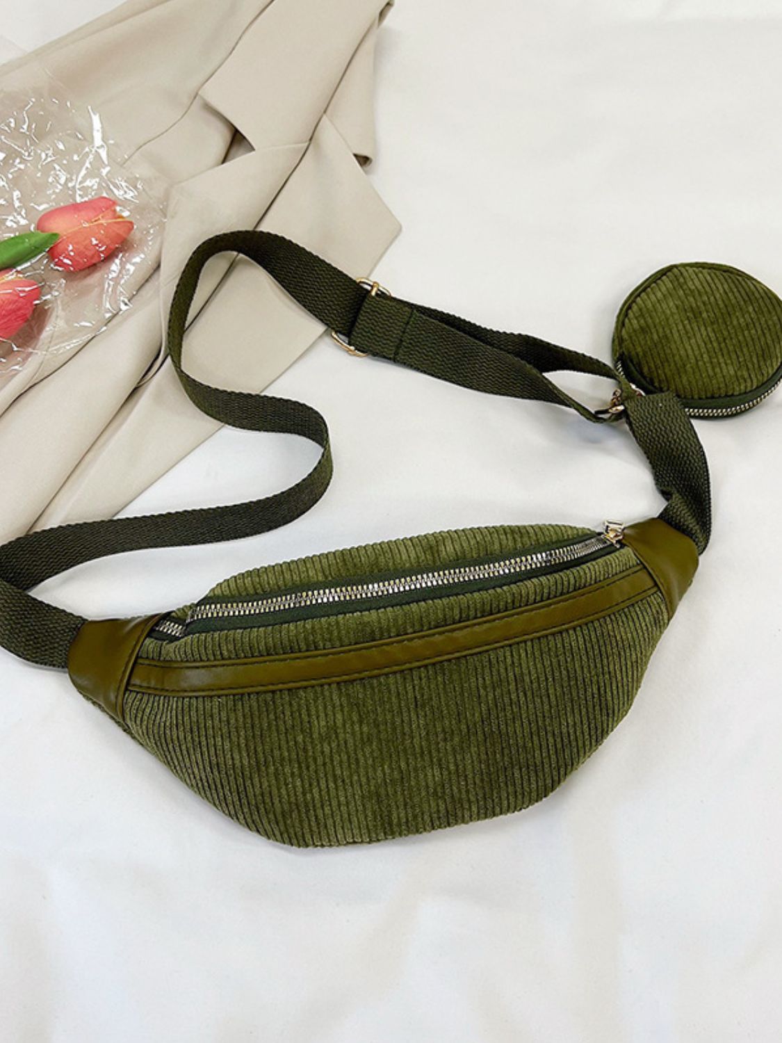 Corduroy Adjustable Strap Crossbody Bag with Pouch - Plume & Peak