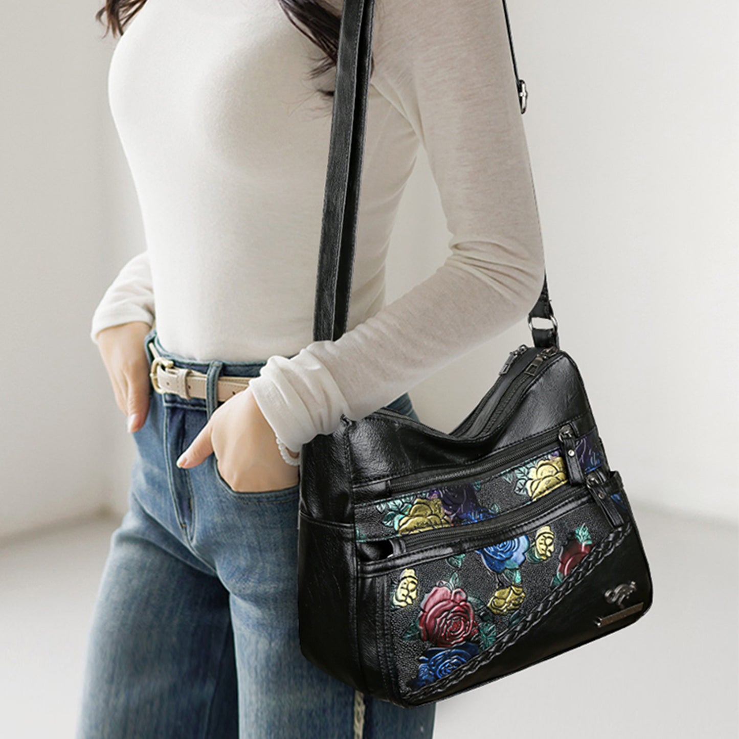 PU Leather Rose Pattern Shoulder Bag - Plume & Peak