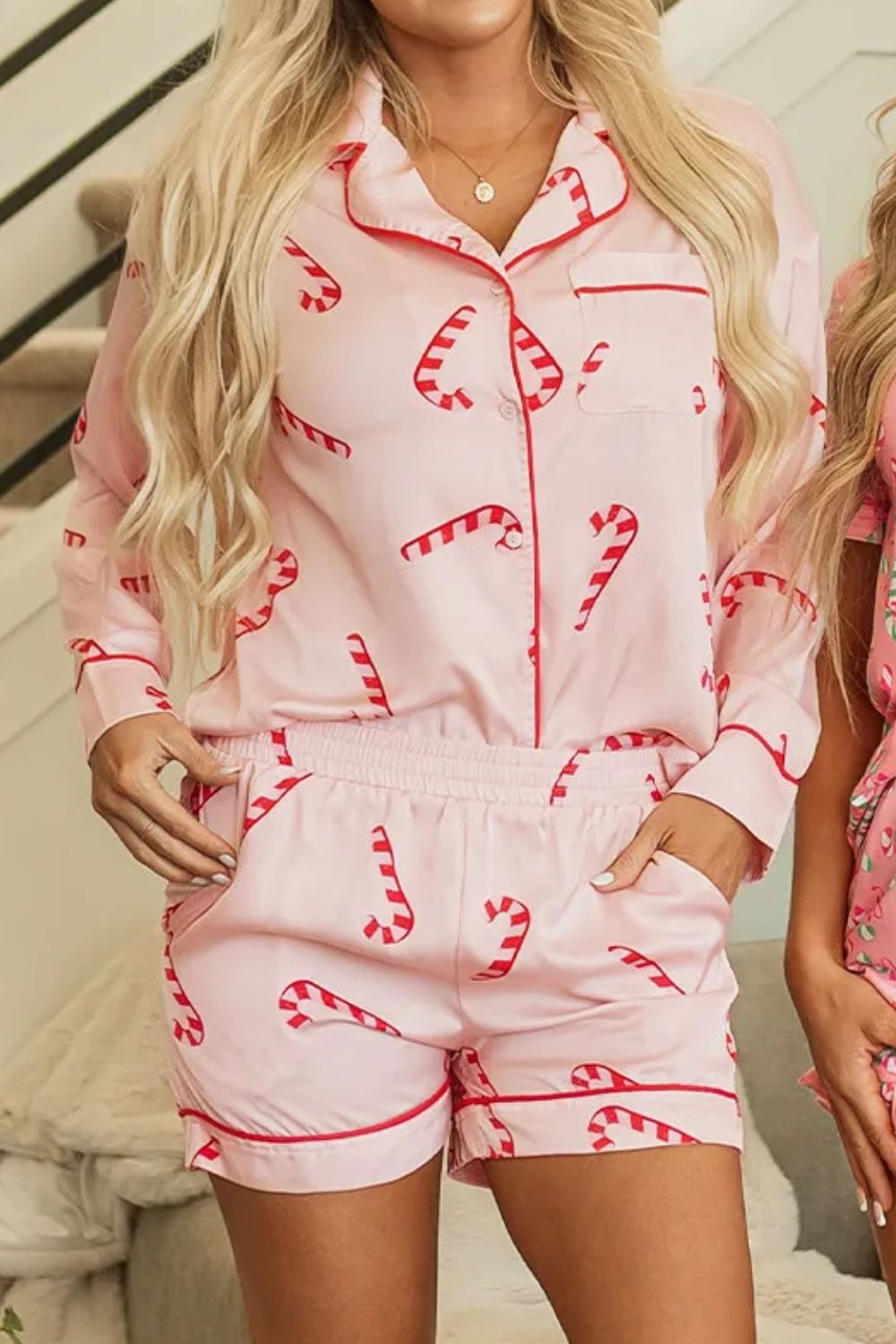 Candy Cane Collared Neck Long Sleeve Top and Shorts Lounge Set Pajama Set - Plume & Peak