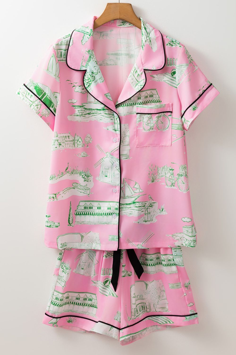 Collared Pink Printed Lounge Set with Drawstring Shorts | Dreamwear by Plume & Peak - Plume & Peak
