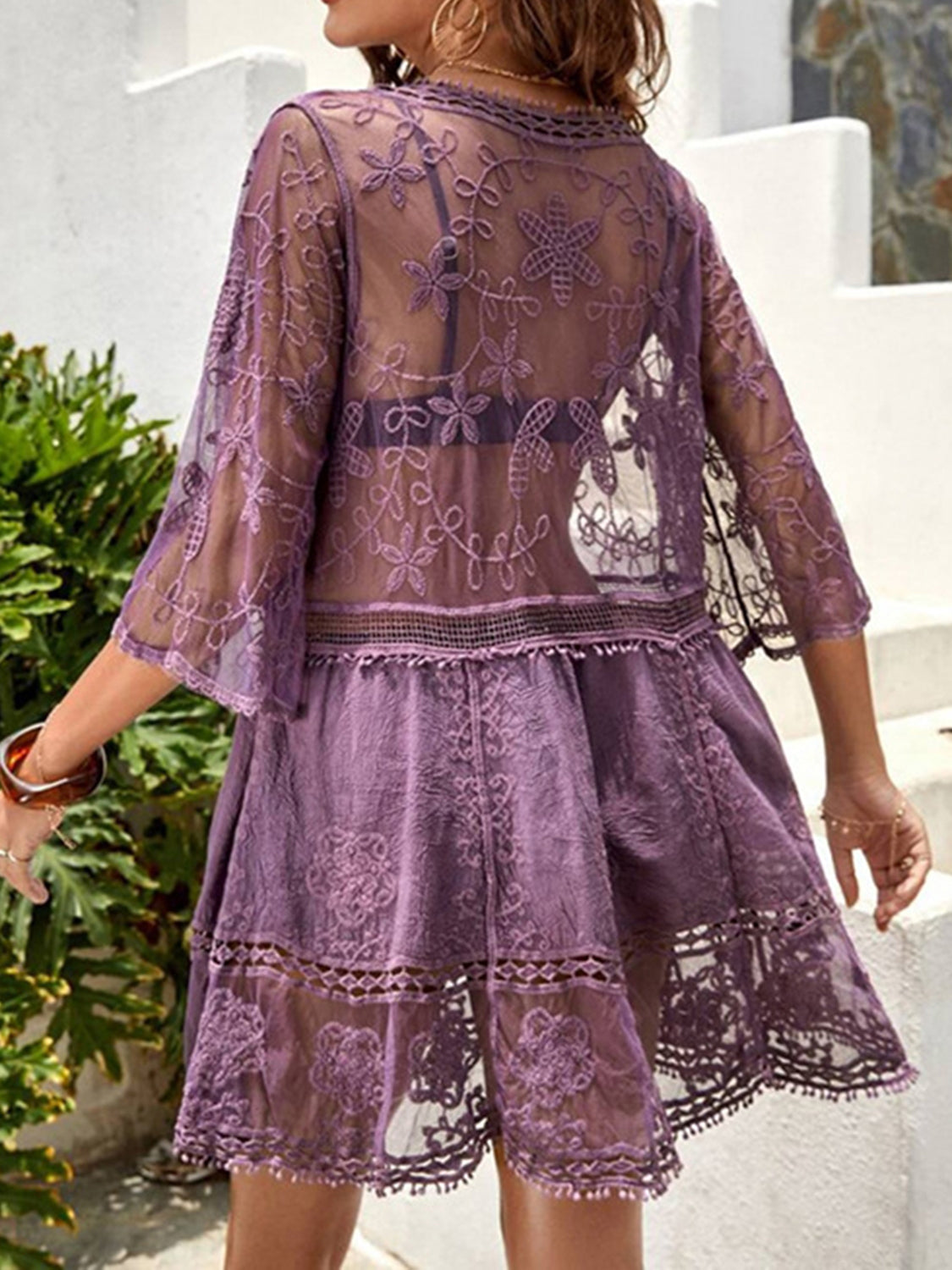 Boho Breeze Lace Cover-Up β Plunge Neck & Semi-Sheer Elegance - Plume & Peak
