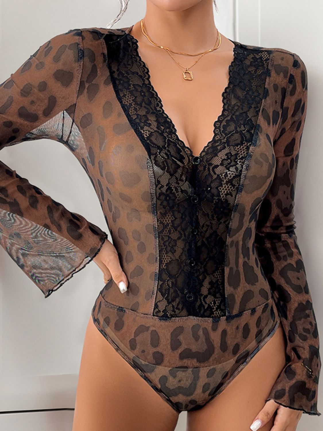 Leopard Lace V-Neck Bodysuit | Sheer, Stretchy & Statement-Making - Plume & Peak