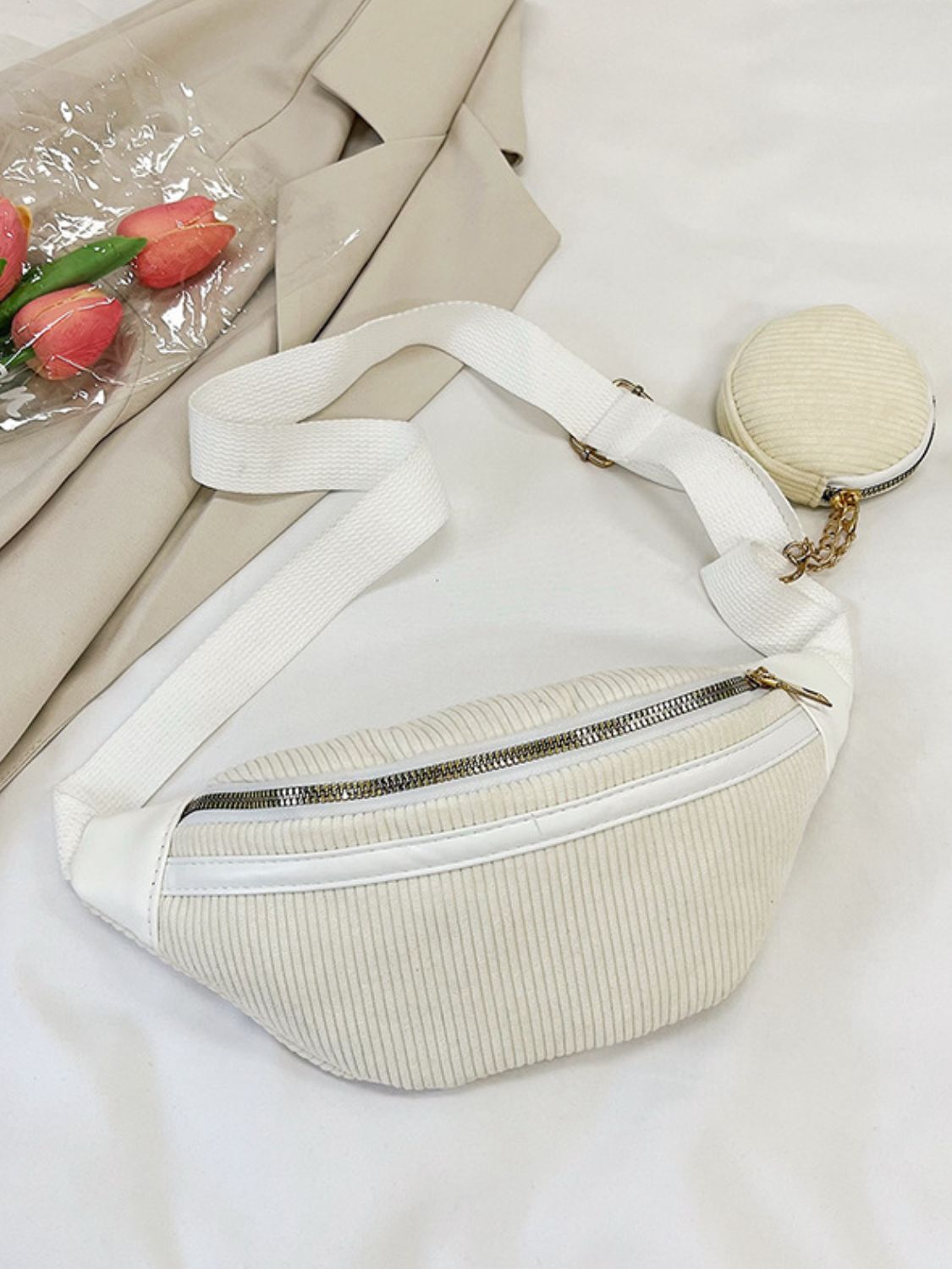 Corduroy Adjustable Strap Crossbody Bag with Pouch - Plume & Peak