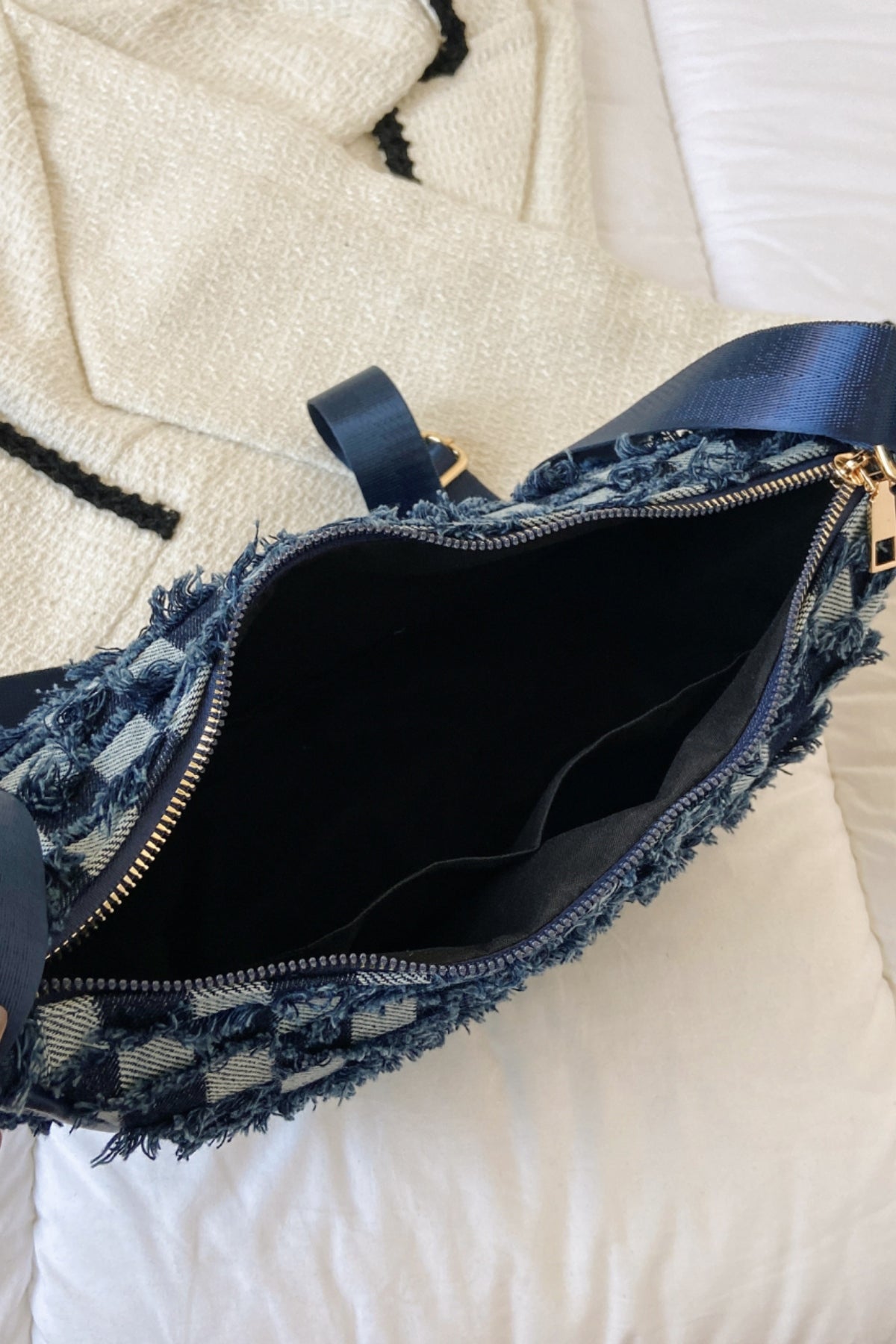 Raw Hem Checkered Denim Crossbody Bag - Plume & Peak