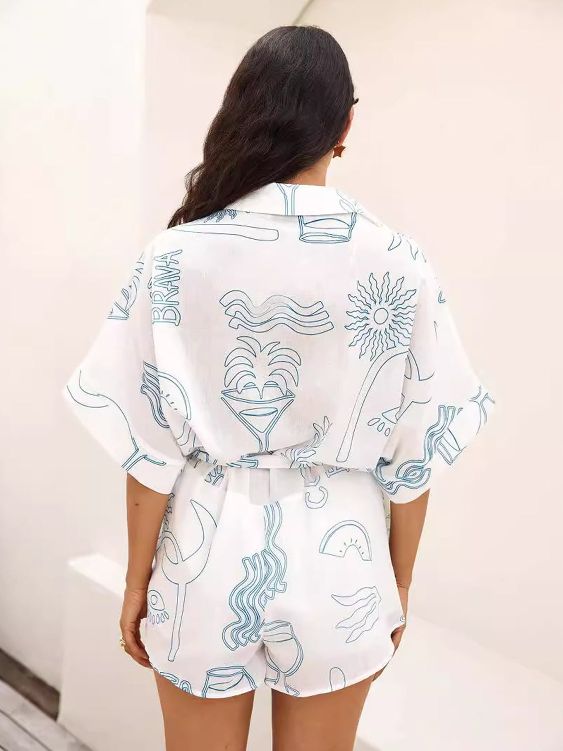 Printed Collared Neck Half Sleeve Romper - Plume & Peak