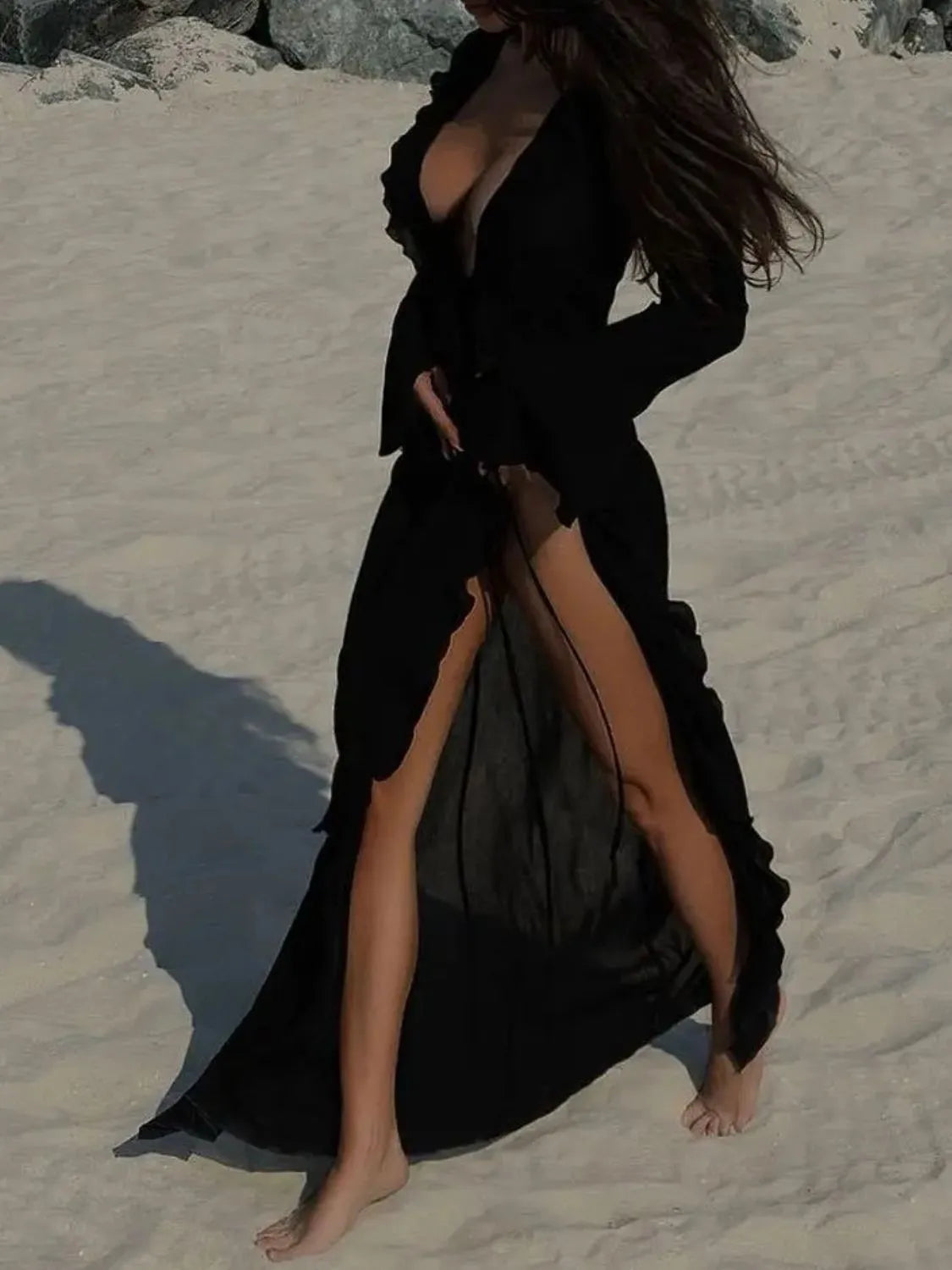 Ruffled Long Sleeve Cover-Up Dress - Plume & Peak