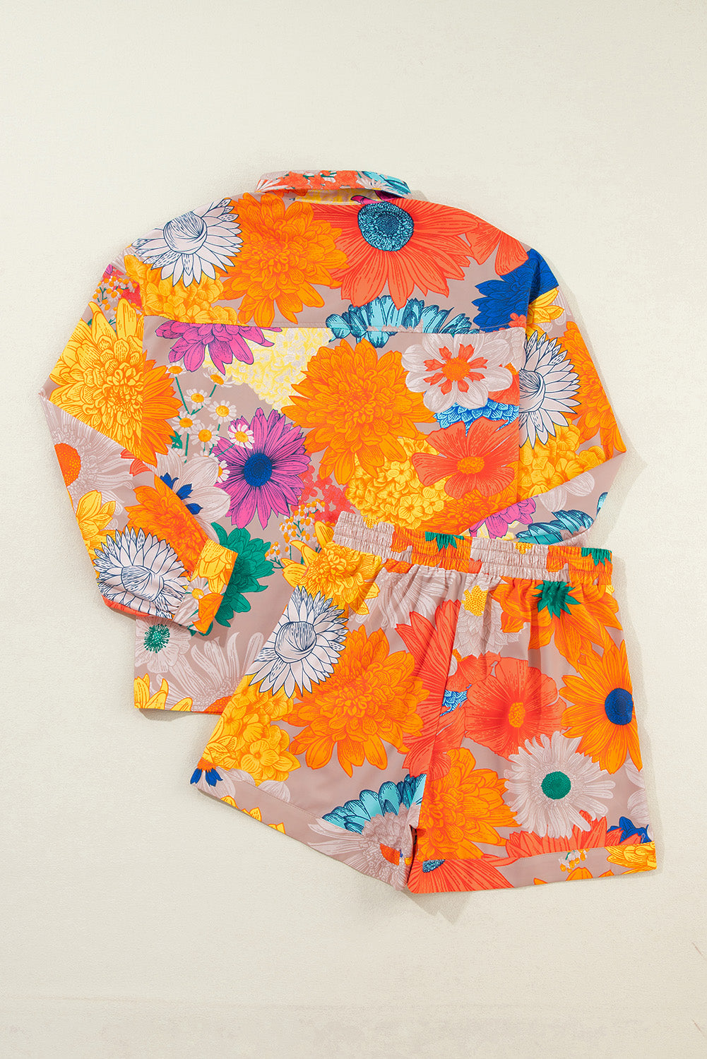 Printed Button Up Long Sleeve Top and Shorts Set - Plume & Peak