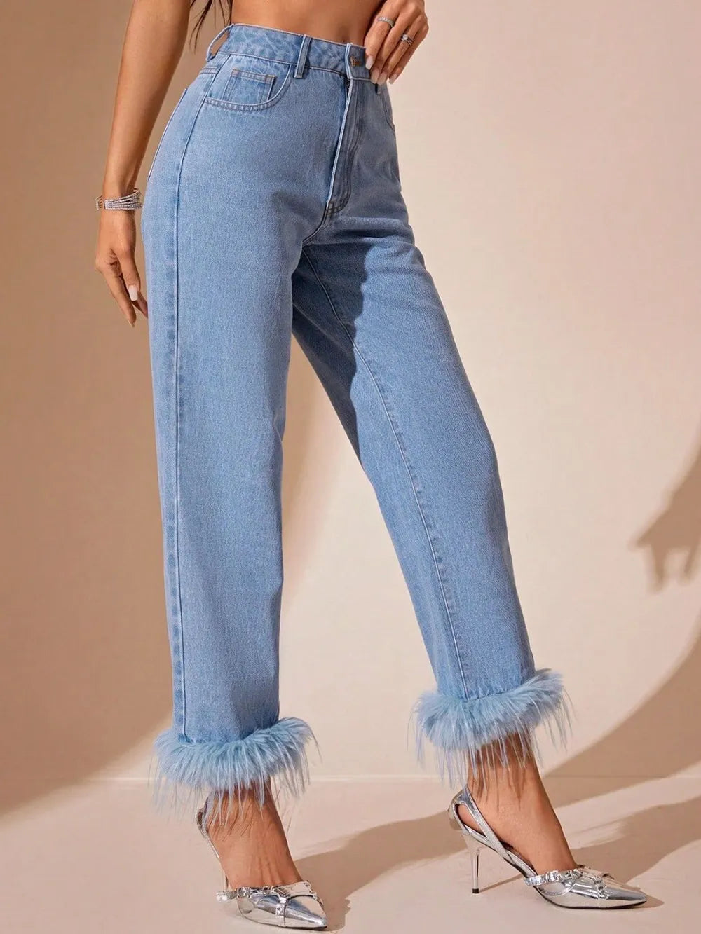 Plush Hem High Rise Straight Jeans - Plume & Peak