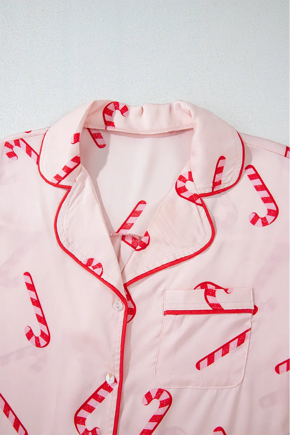 Candy Cane Collared Neck Long Sleeve Top and Shorts Lounge Set Pajama Set - Plume & Peak