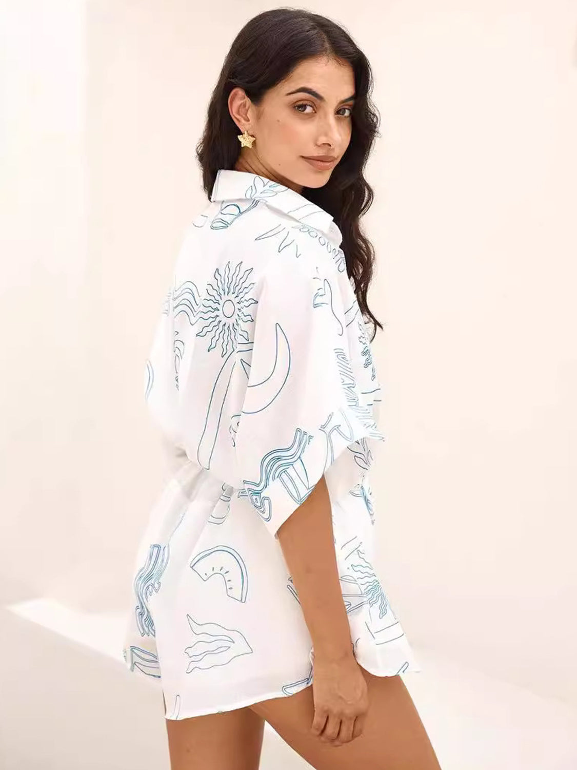 Printed Collared Neck Half Sleeve Romper - Plume & Peak