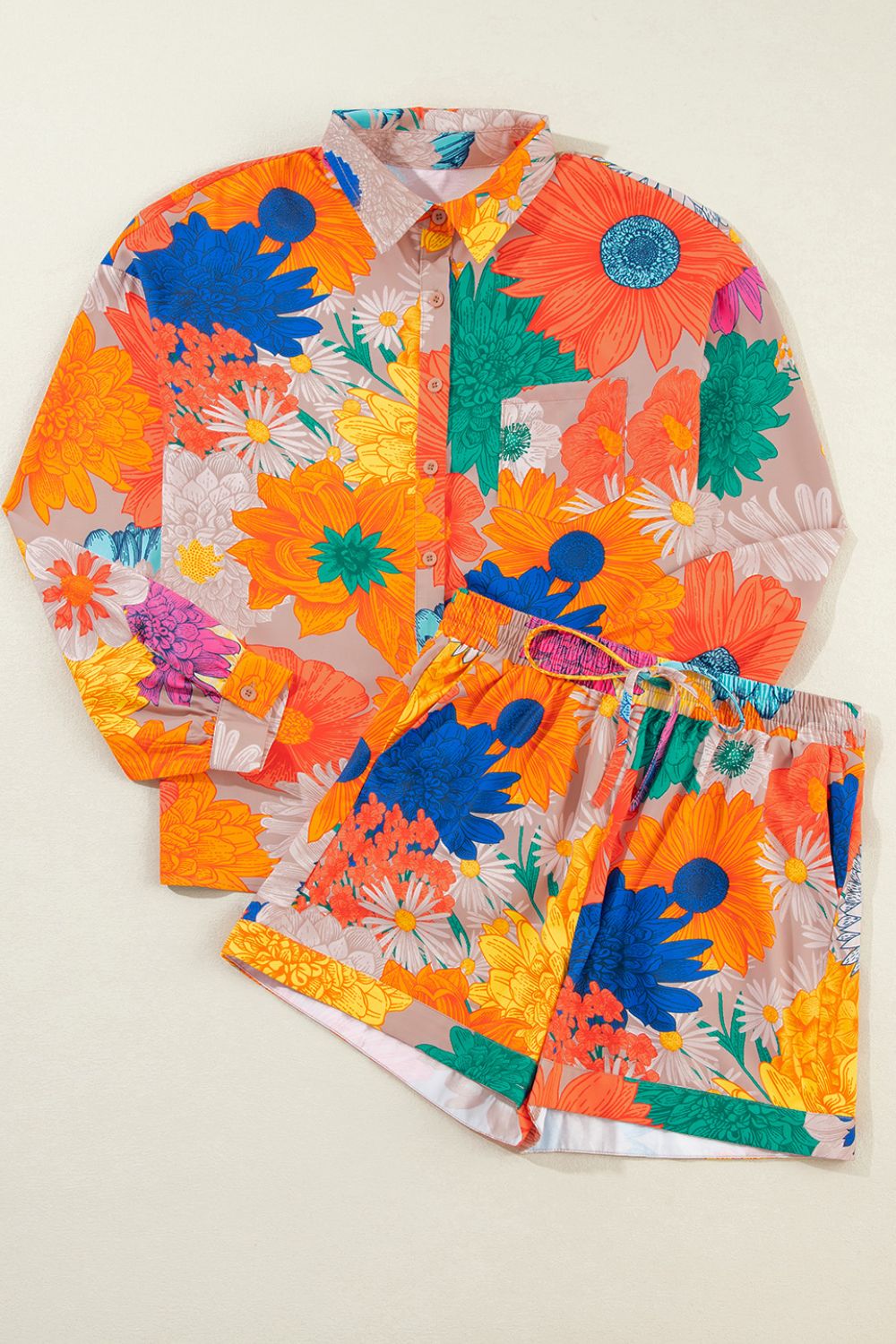 Printed Button Up Long Sleeve Top and Shorts Set - Plume & Peak
