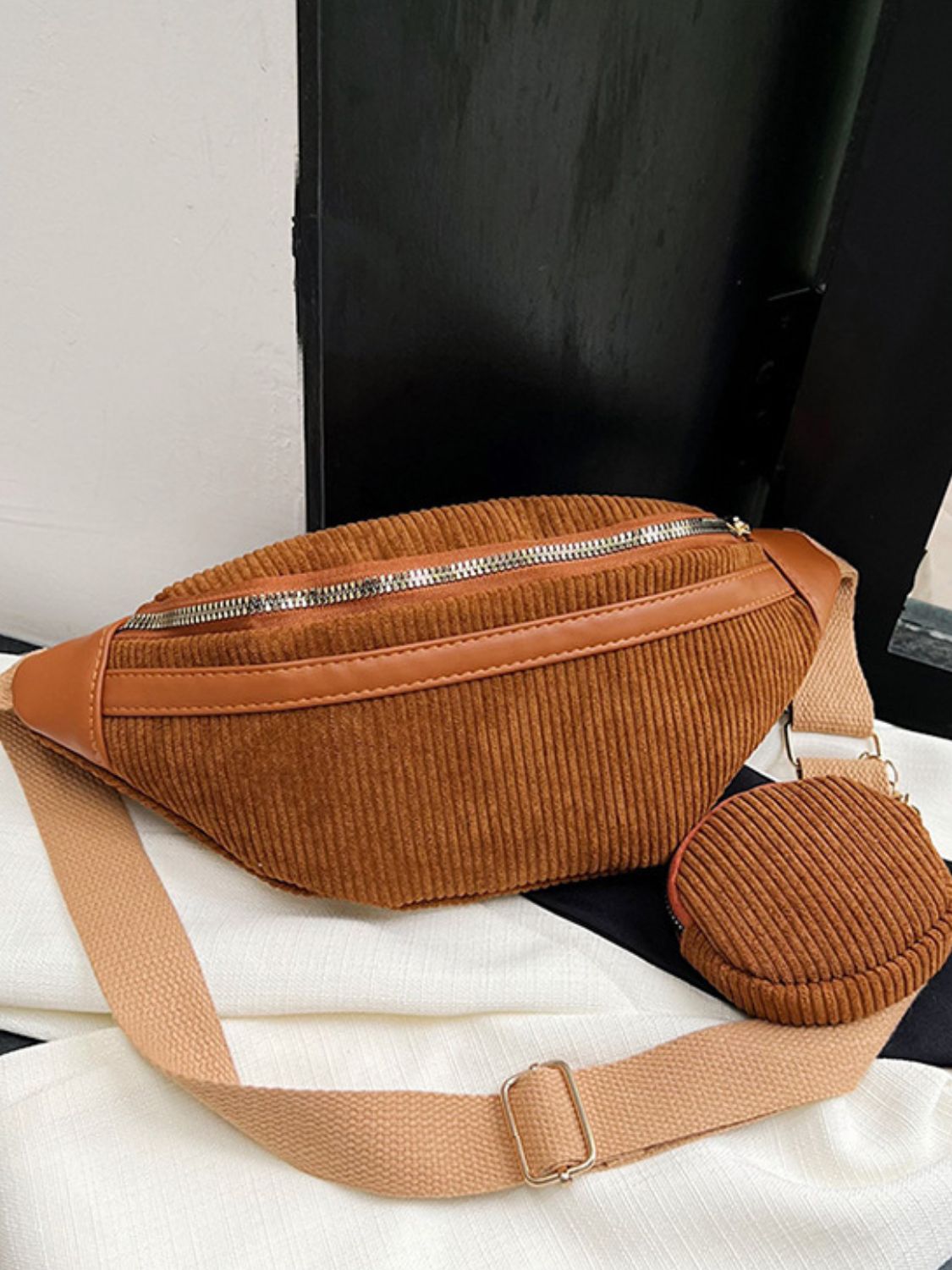 Corduroy Adjustable Strap Crossbody Bag with Pouch - Plume & Peak