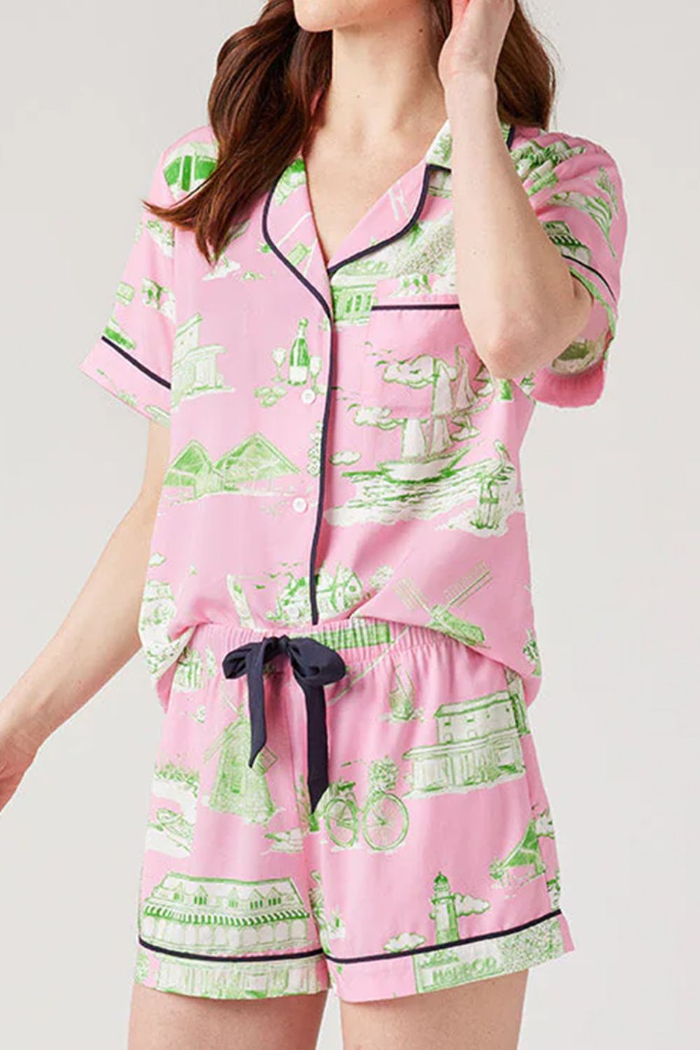 Collared Pink Printed Lounge Set with Drawstring Shorts | Dreamwear by Plume & Peak - Plume & Peak