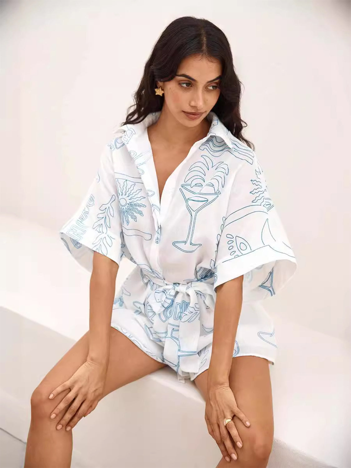 Printed Collared Neck Half Sleeve Romper - Plume & Peak