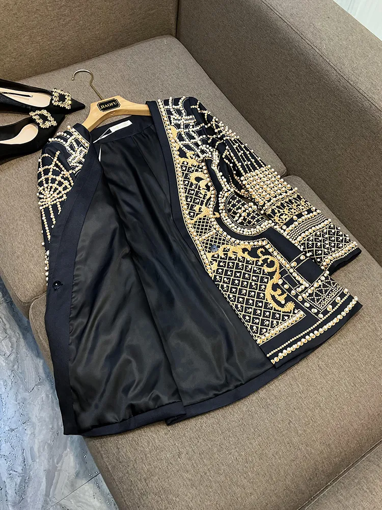 2025 Chic French Petite Beaded VNeck Pearl Blazer Dress Beaded Geometric - Plume & Peak