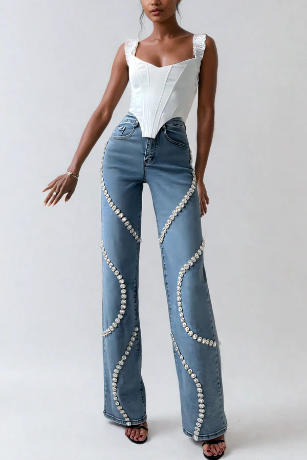 Glam Denim: Crystal-Embellished Wide-Leg Jeans - Plume & Peak