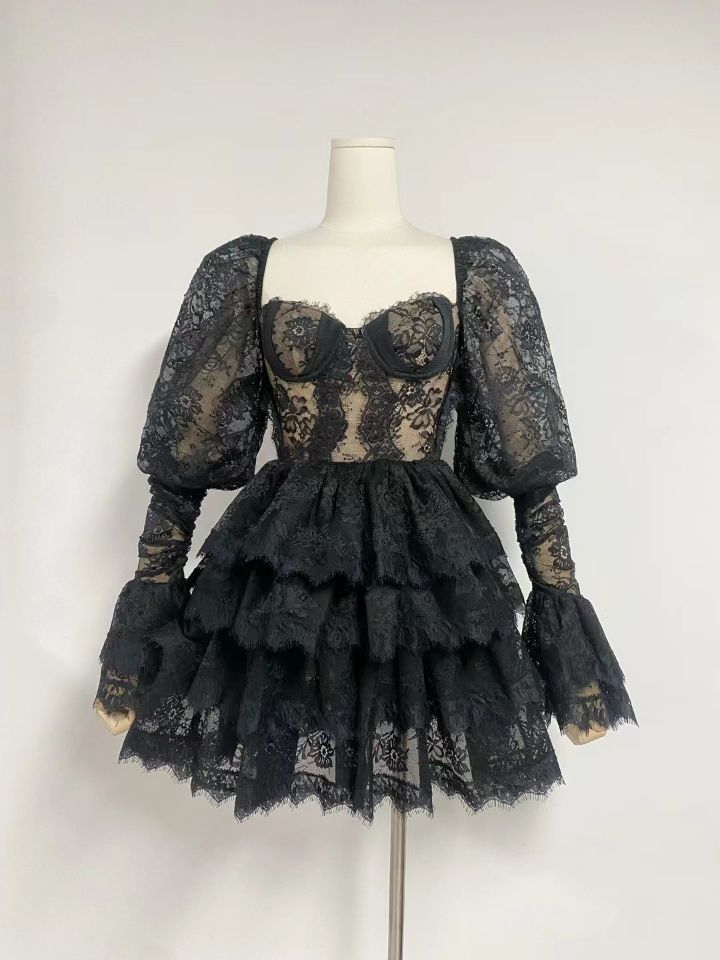 Lace Tiered Ruffle Mini Dress with Puff Sleeves - Plume & Peak