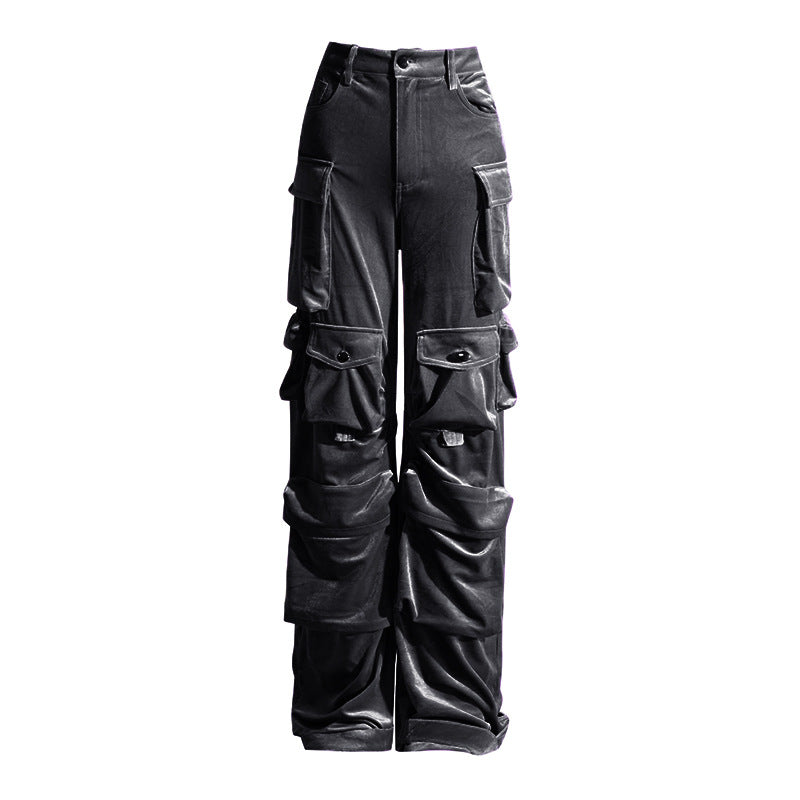 2025 Spring HighWaisted Velvet Cargo Pants - Plume & Peak