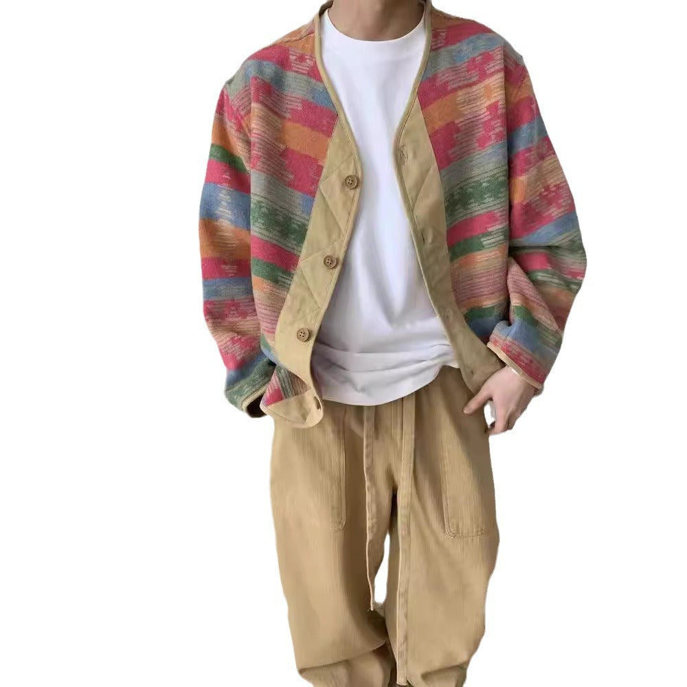 VintageStyle Mens VNeck Button Rainbow Jacket - Plume & Peak