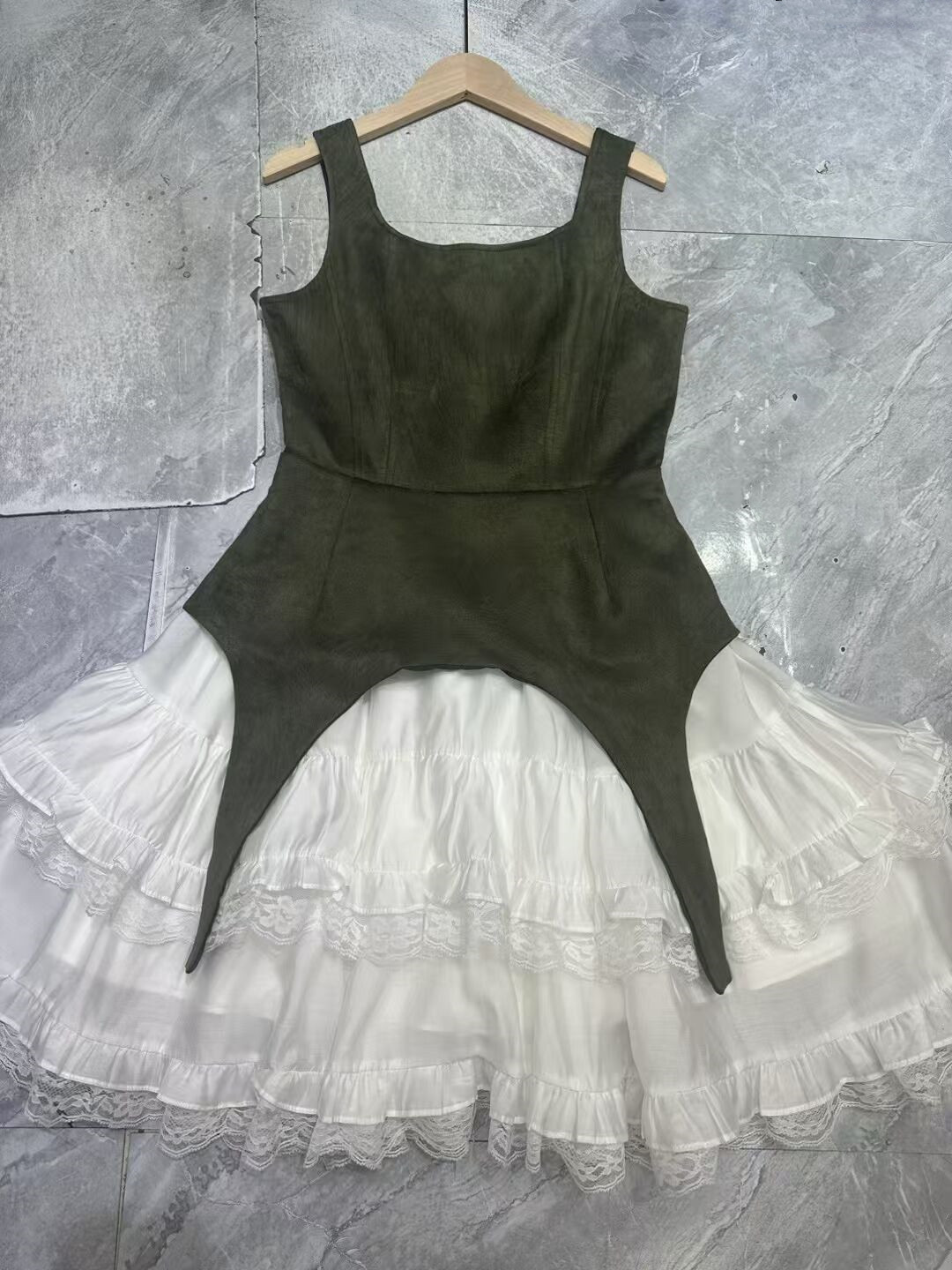 Camel Knit Corset Dress with White Ruffle Hem - Plume & Peak