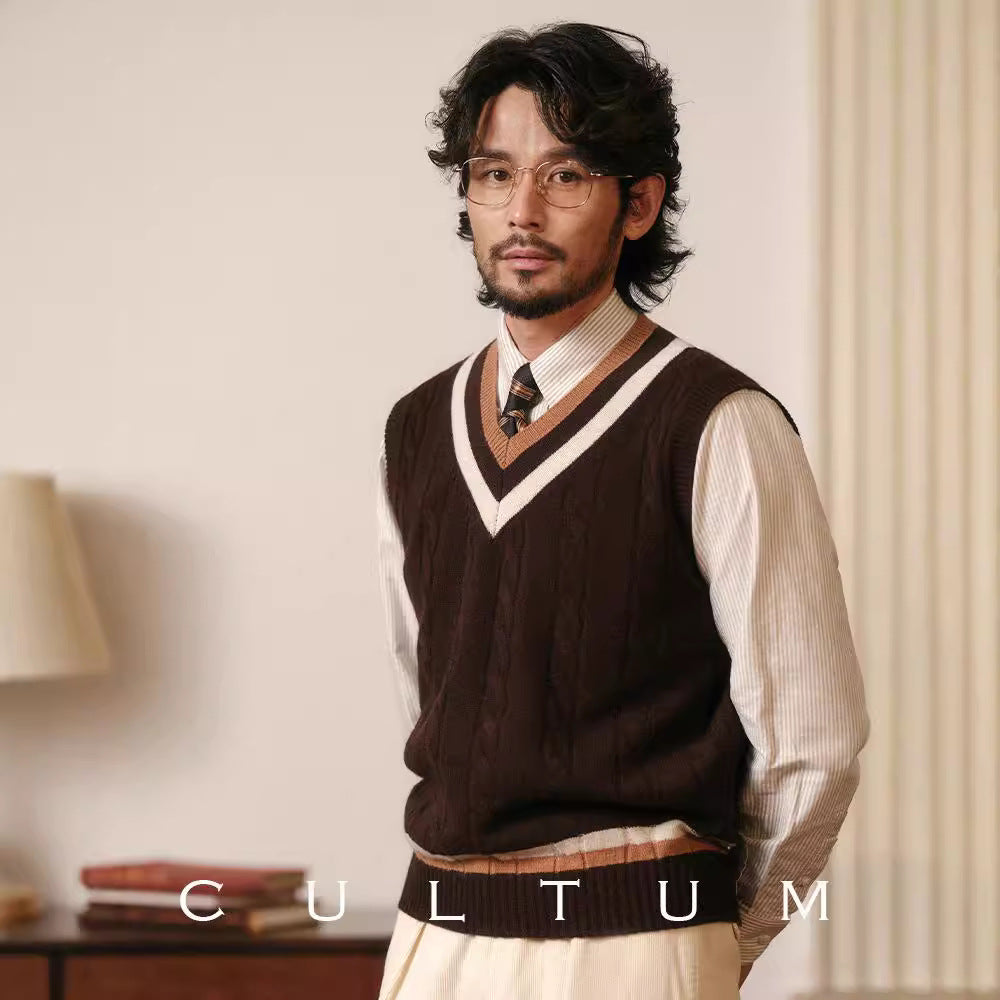Mens Vintage VNeck Knit Vest AutumnWinter Sleeveless Sweater - Plume & Peak