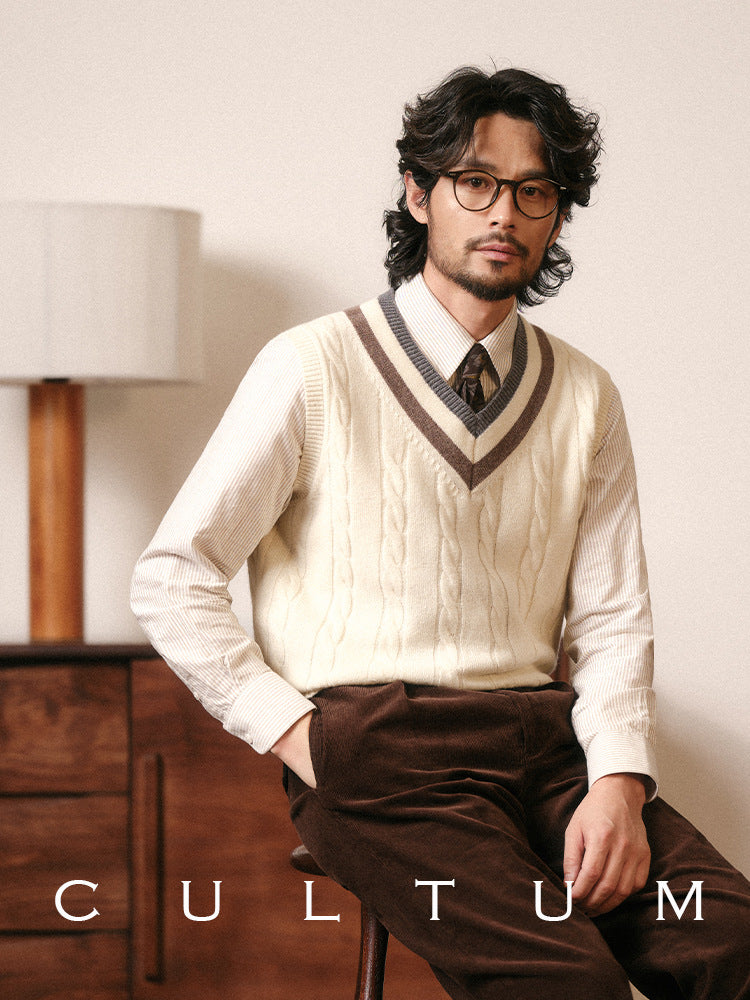 Mens Vintage VNeck Knit Vest AutumnWinter Sleeveless Sweater - Plume & Peak