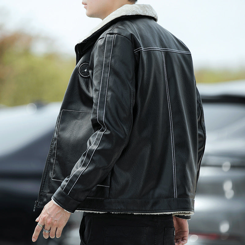 Mens Stylish FleeceLined Leather Jacket Korean Biker - Plume & Peak