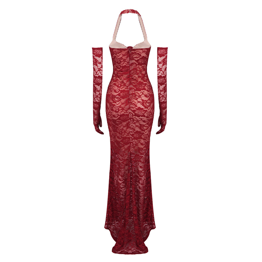 The Plume & Peak Carmine Reverie Lace Gown - Plume & Peak