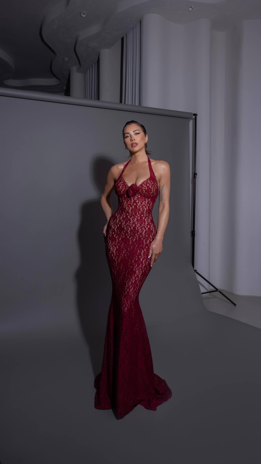 The Plume & Peak Carmine Reverie Lace Gown - Plume & Peak